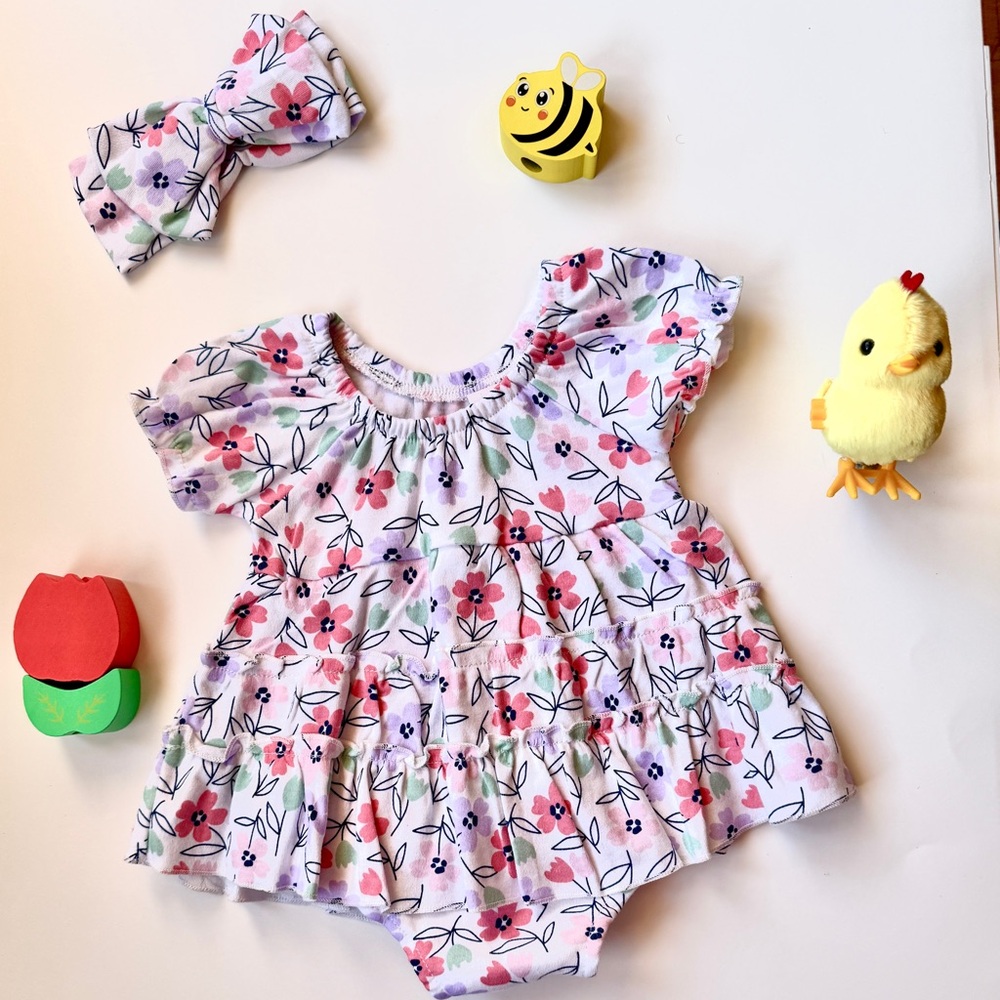 Duck Duck Baby Floral Dress Romper with Bow headband Bodysuit Size 6-9Months NWT - Picture 1 of 7